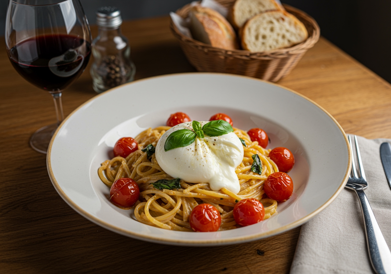 A gourmet burrata pasta dish with fresh cherry tomatoes, basil, and a generous dollop of burrata cheese on top, ready to be mixed, in a beautifully styled setting.