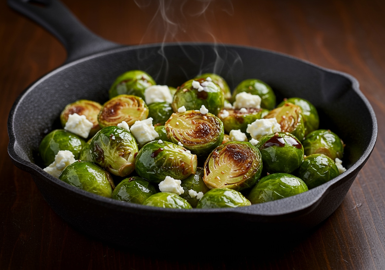 A gourmet pan-fried Brussels sprouts dish with balsamic glaze and feta cheese, served in a cast iron skillet.