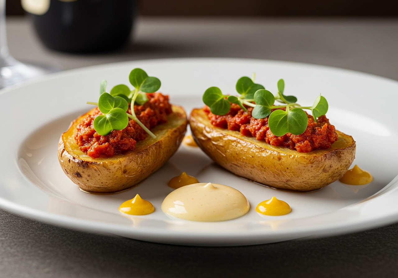 A gourmet plating of the reverse potato skin paprika farci. Two halves are arranged artfully on a white ceramic plate, garnished with fresh microgreens and a drizzle of a light, contrasting sauce. The background is softly blurred to keep focus on the dish.