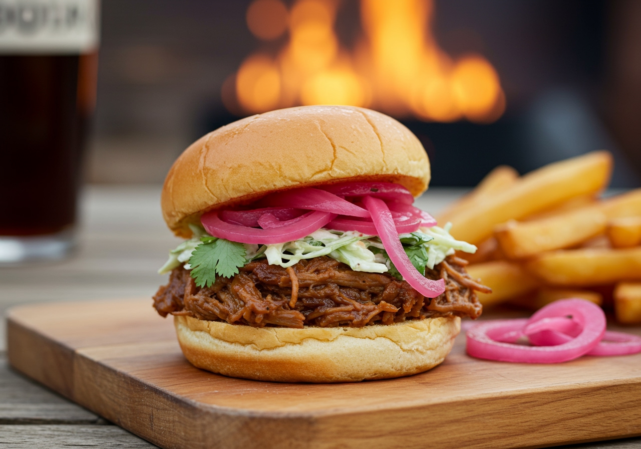 A gourmet pulled pork slider topped with a generous amount of pickled onion and cilantro coleslaw, on a rustic wooden board, blurred background of a BBQ setting