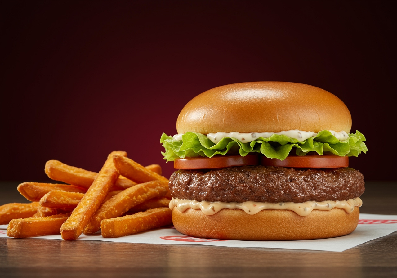 A gourmet-style Dairy Queen burger with high-quality beef, fresh lettuce, tomato, special sauce, and a brioche bun, alongside golden, crispy sweet potato fries. The background is a modern, clean fast-food setting.