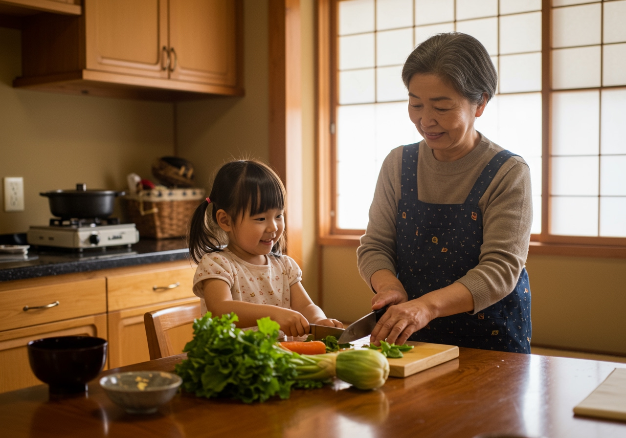 A grandmother and grandchild preparing vegetables together in a warm, traditional Japanese kitchen setting.