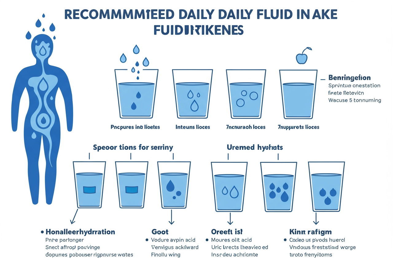 A graphic illustrating recommended fluid intake per day for gout patients (e.g., glasses of water).
