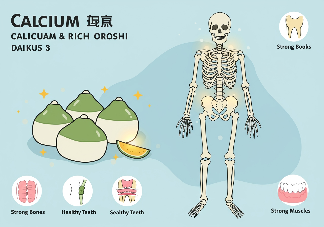 A graphic illustrating the benefits of calcium-rich foods like shirasu and daikon oroshi