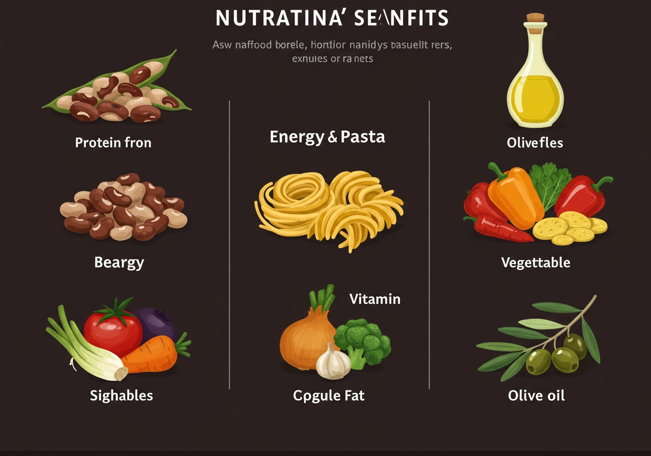 A graphic illustrating the key nutritional benefits of Passatina's ingredients: protein and fiber from beans, energy from pasta, vitamins from vegetables, and healthy fats from olive oil.