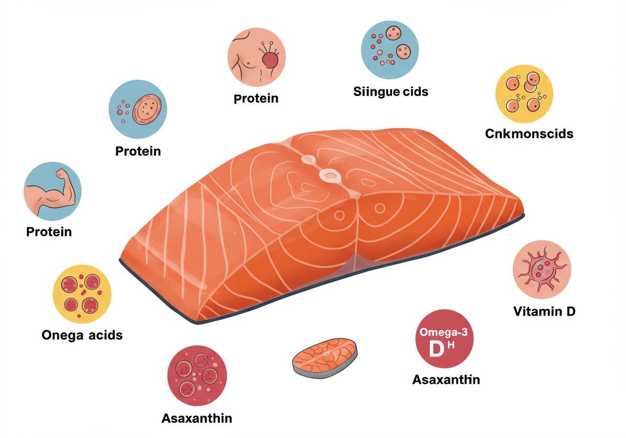 A graphic illustrating the nutritional benefits of salmon: protein, Omega-3s, Vitamin D, Astaxanthin.