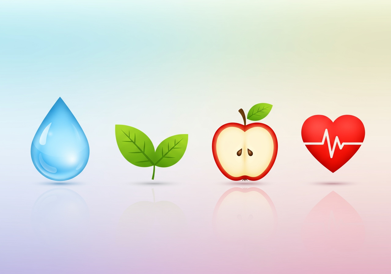 A graphic showing icons representing healthy drinks: a water droplet, a tea leaf, a piece of fruit, and a heart icon.