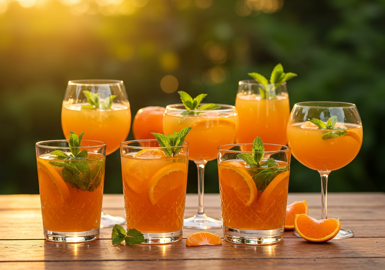A group of different glasses filled with vibrant, healthy mandarin orange cocktails, decorated with garnishes, on a outdoor table.