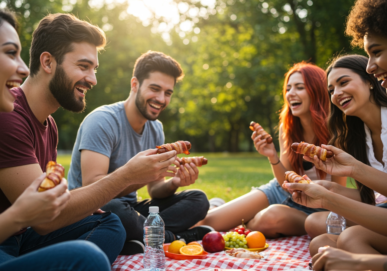 A group of friends enjoying healthy bacon-wrapped hot dogs at a casual outdoor gathering.