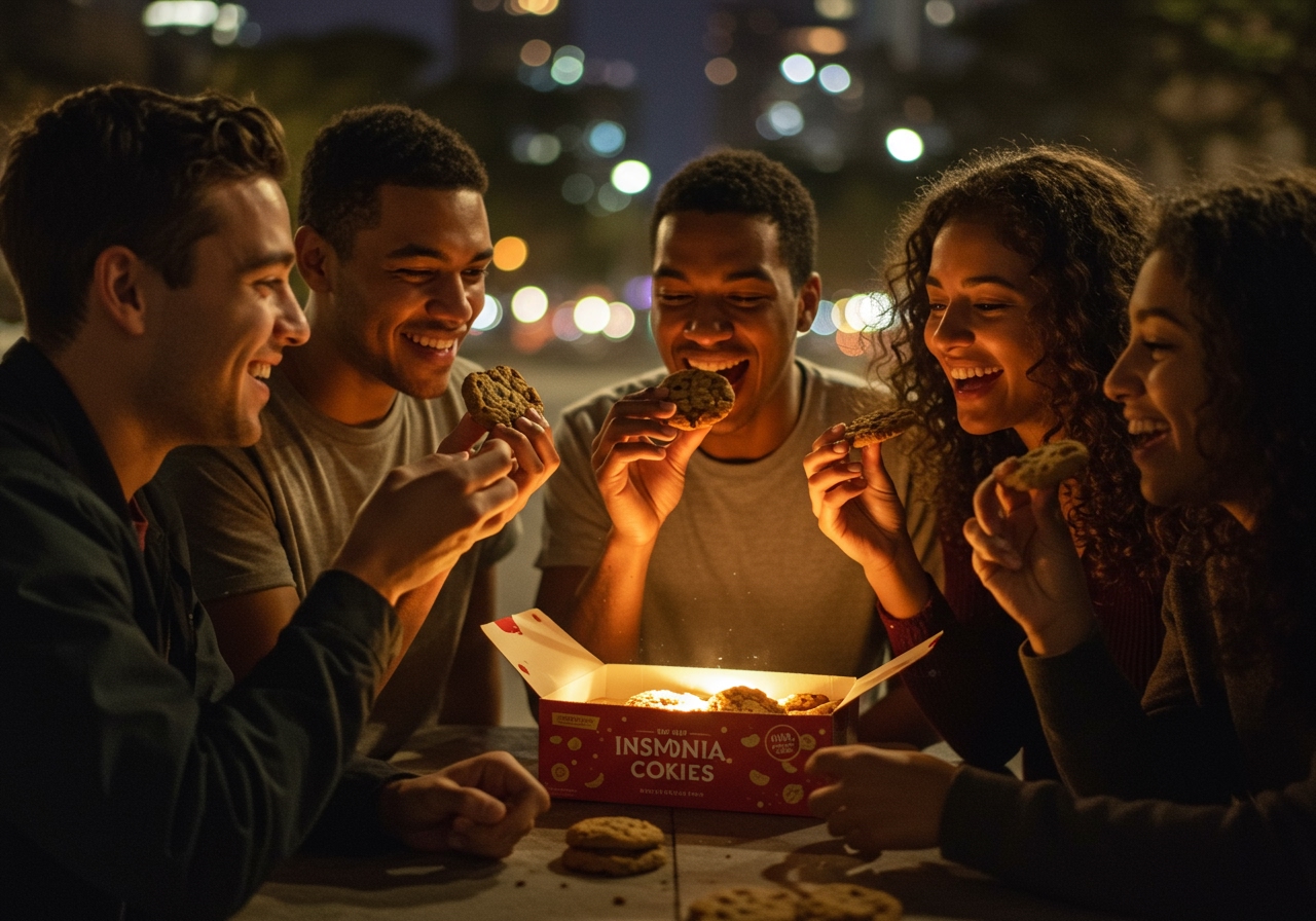 A group of friends happily sharing a box of Insomnia Cookies late at night, warm cookies in hand, with city lights blurred in the background.