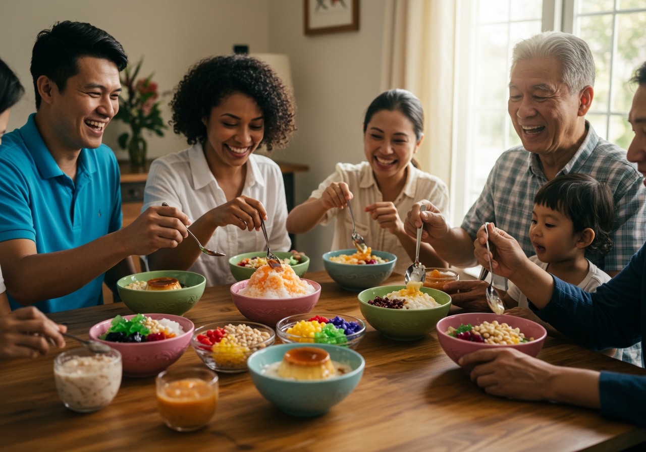 A group of friends or family members happily mixing and eating homemade Halo-Halo together at a table.