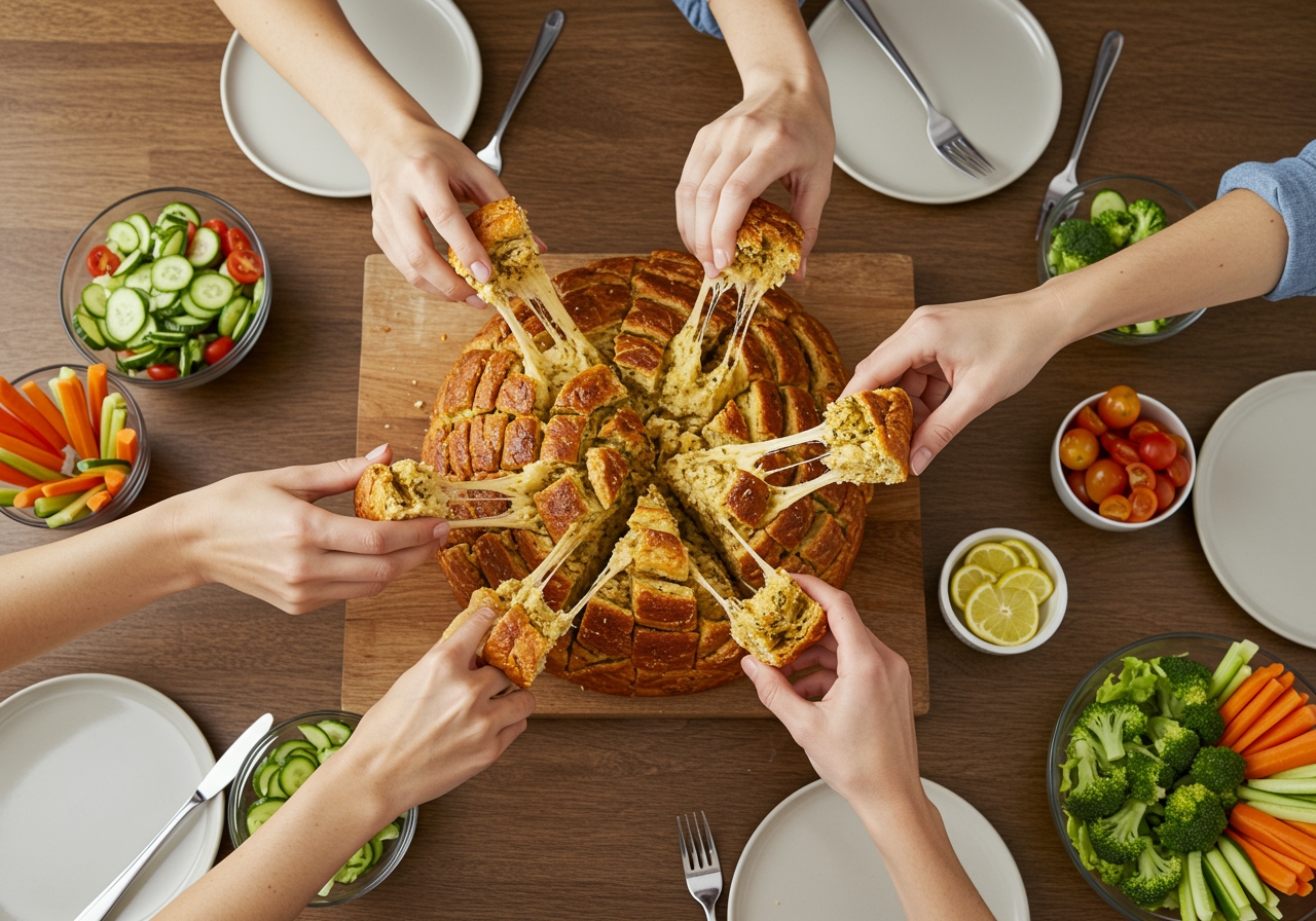 A group of friends or family members happily pulling pieces off a large, round pull-apart bread on a table, with various healthy side dishes like salad and vegetable sticks around it.