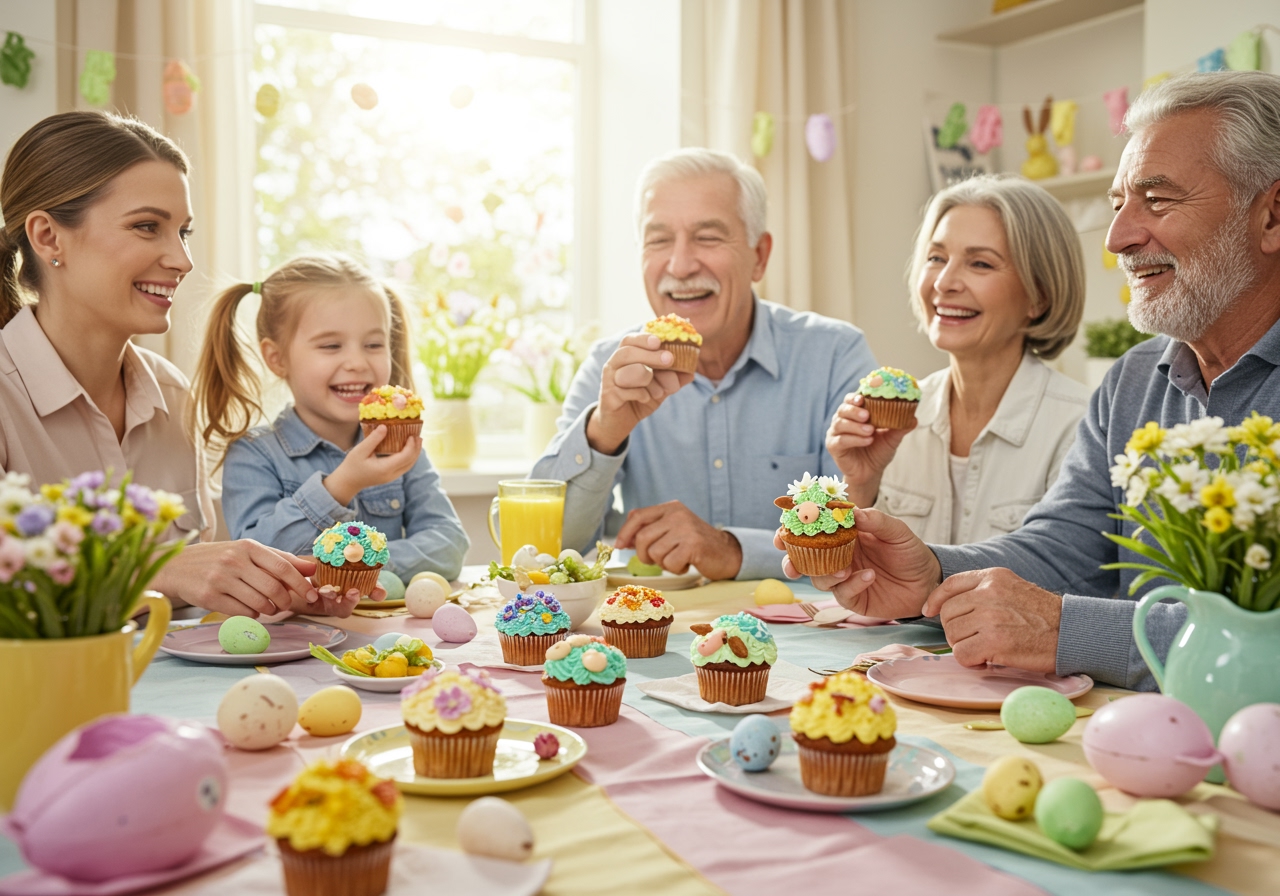 A group of people of different ages happily sharing healthy Easter lamb cupcakes at a festive table setting.