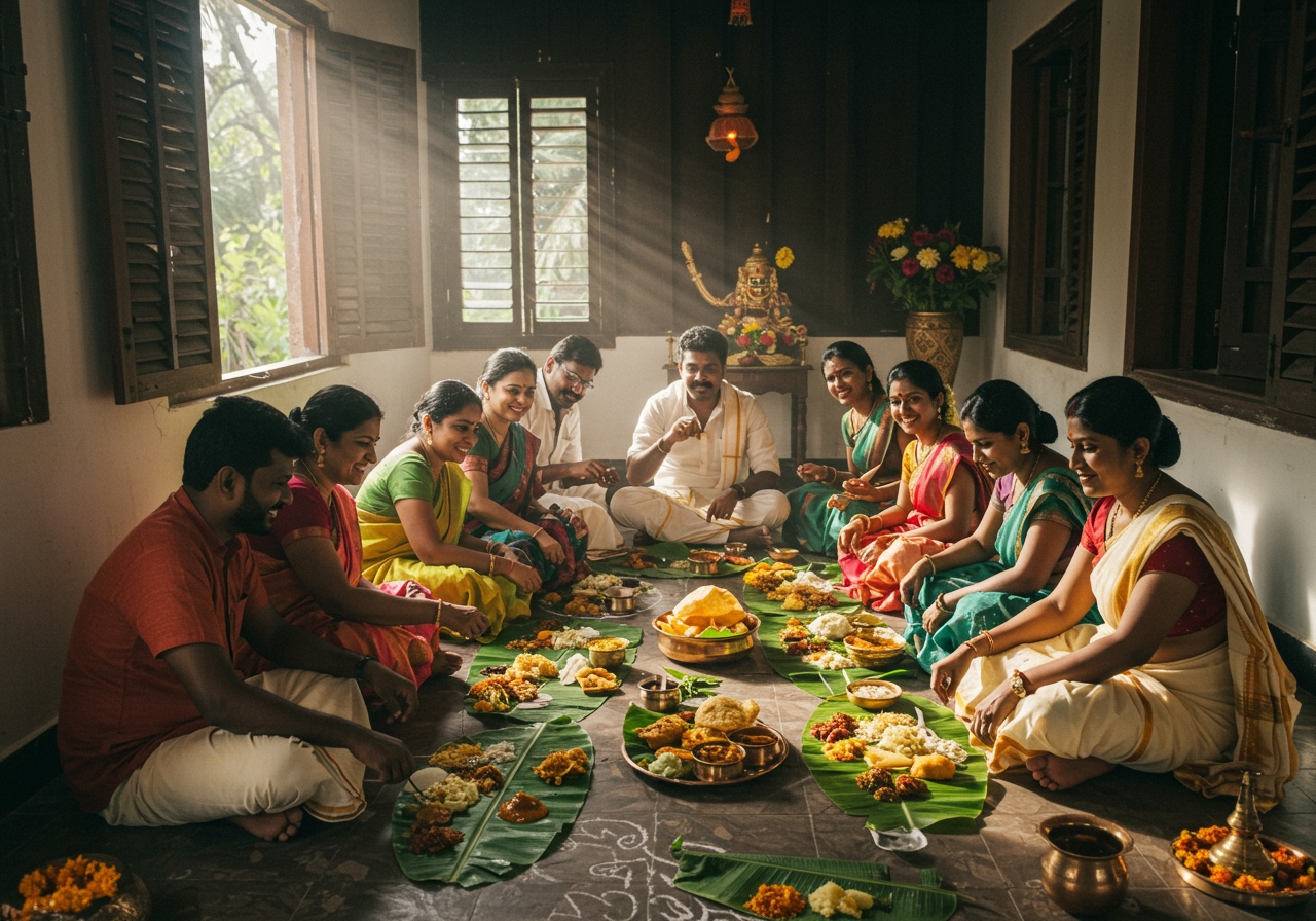 A group of people sitting on the floor and eating a traditional South Indian Sadhya served on banana leaves during Onam festival.