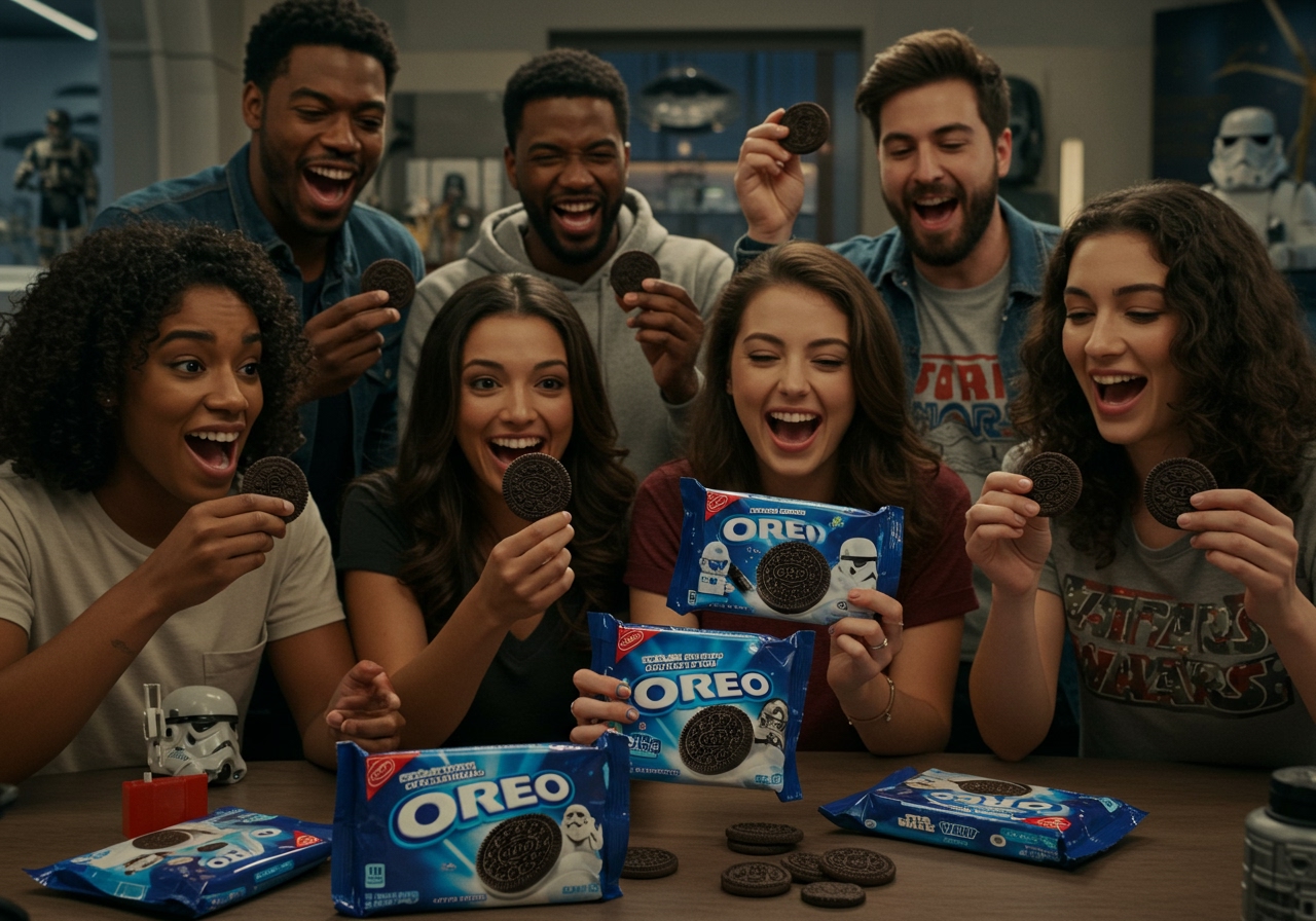 A group of Star Wars fans excitedly opening packages of the Oreo Star Wars special edition cookies, with various designs visible.