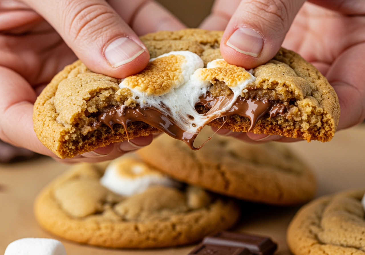 A hand breaking a healthy s'mores cookie in half, showing the soft inside and slightly melted marshmallow/chocolate pull.