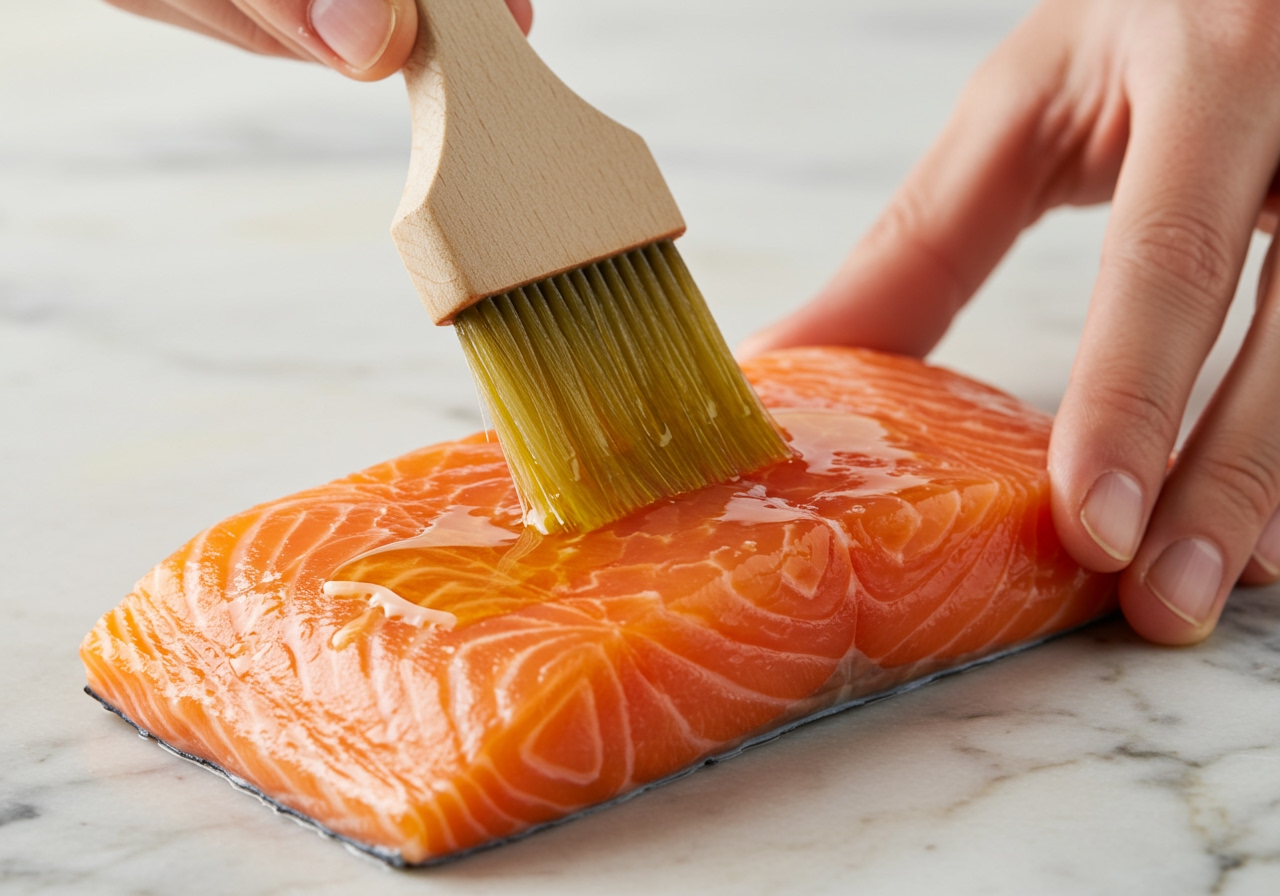 A hand brushing oil onto a piece of salmon fillet with a pastry brush.