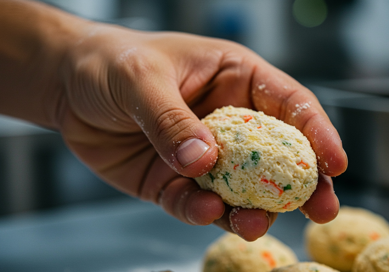 A hand carefully shaping a chilled crab cream mixture into an oval croquette, with a light dusting of flour on the surface.