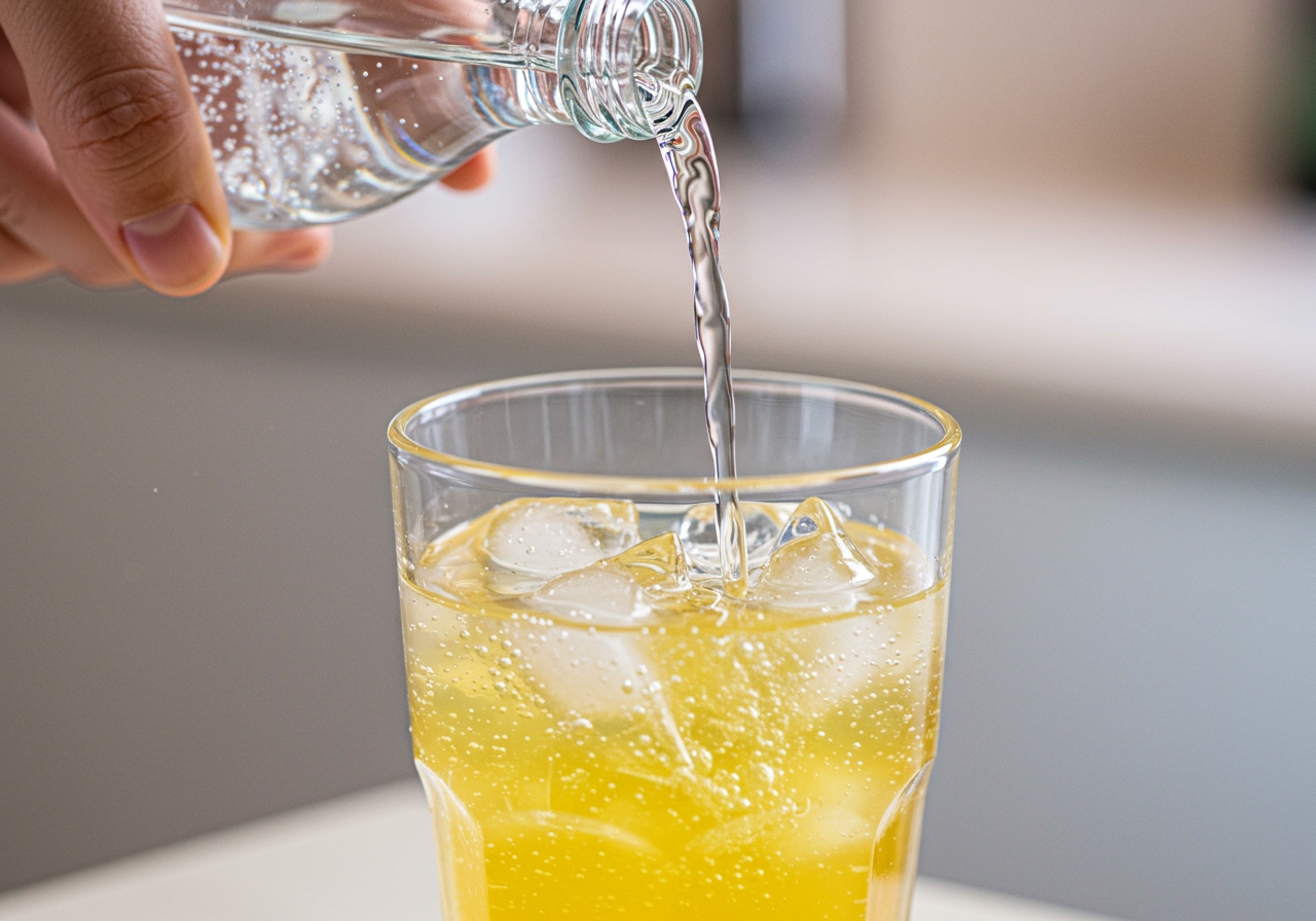 A hand gently pouring cold carbonated water into a glass filled with lemon syrup and ice, minimizing splash.