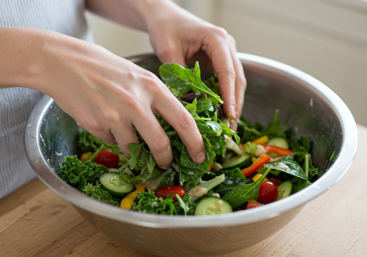 A hand gently tossing the salad ingredients with dressing in a large mixing bowl.
