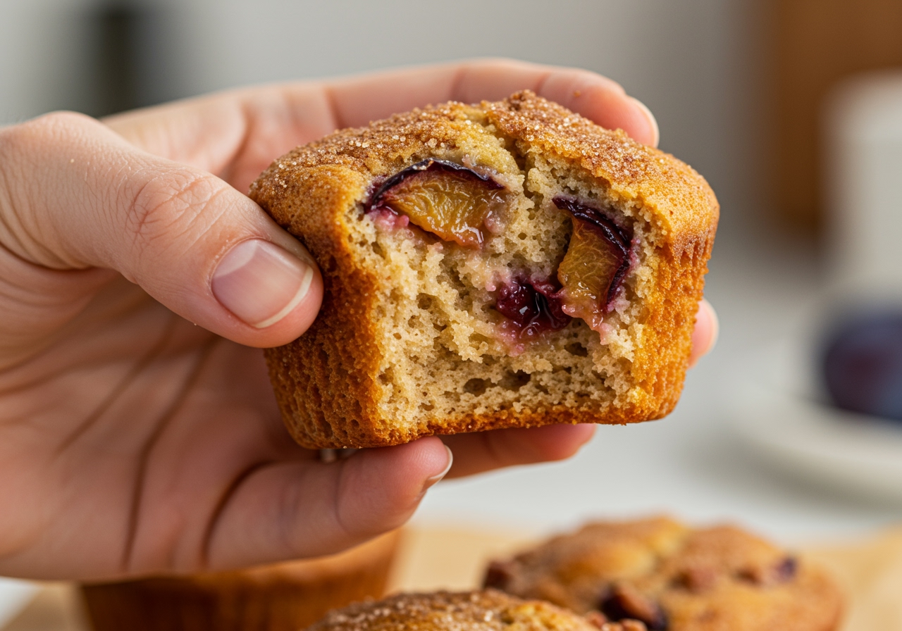 A hand holding a baked plum and pecan muffin, breaking it open to show the soft interior texture and visible plum pieces.