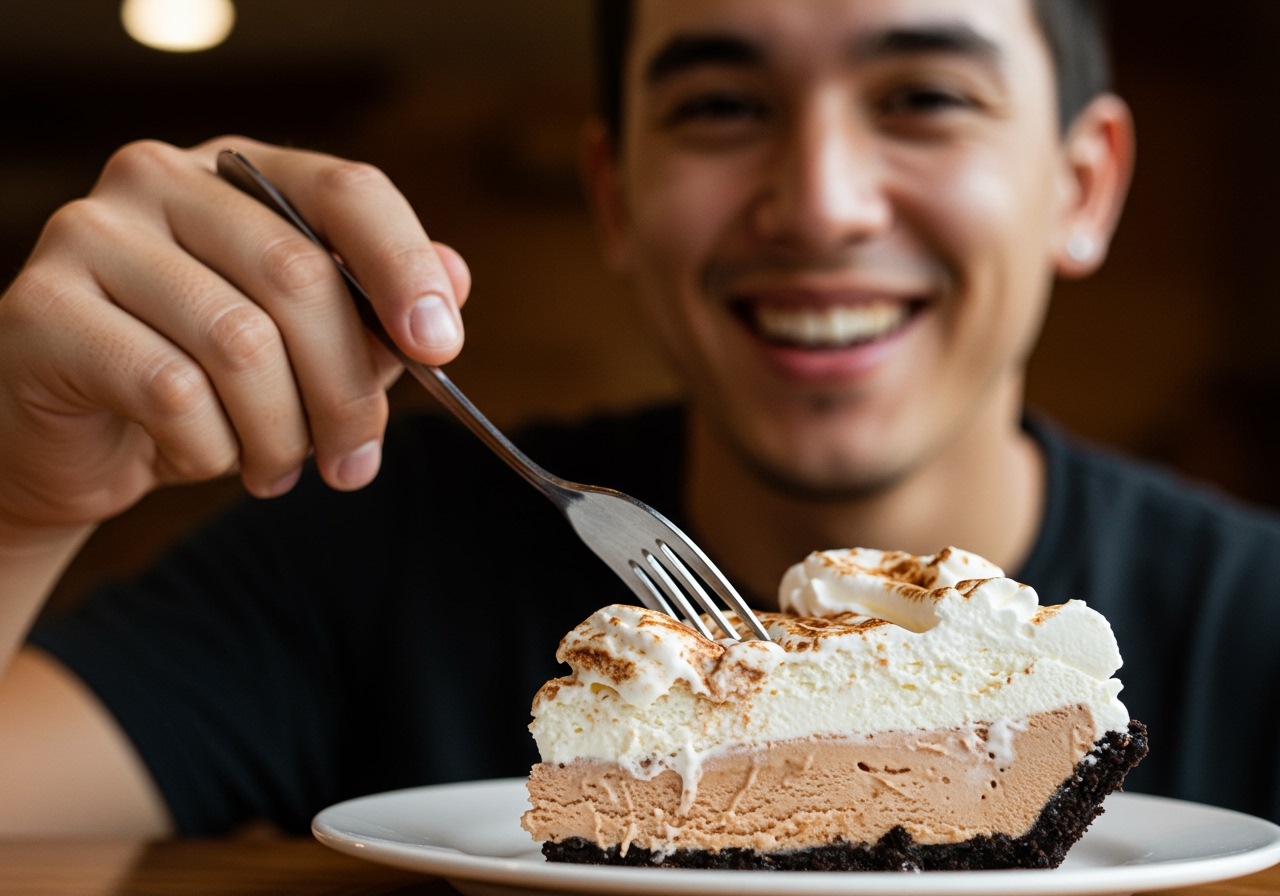 A hand holding a fork taking a bite from a slice of ice cream pie, with the blurred background showing a happy, satisfied expression on a face.