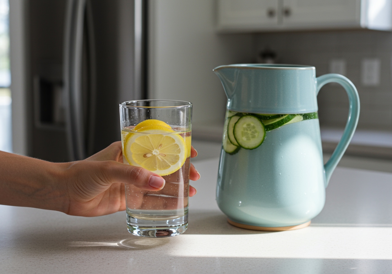 A hand holding a glass of clear water with slices of lemon and cucumber, next to a pitcher on a kitchen counter.