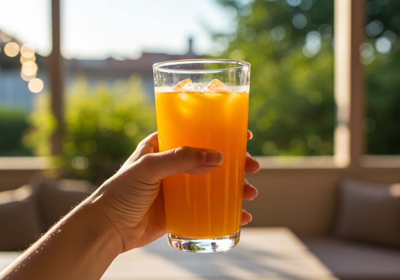 A hand holding a glass of healthy mandarin orange juice with ice, with a blurred background of a sunny outdoor setting.