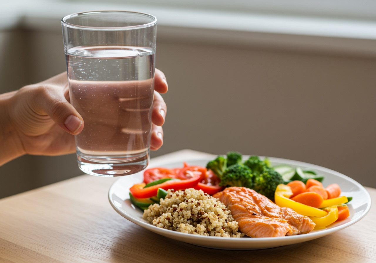 A hand holding a glass of water next to a plate of healthy food, emphasizing hydration and healthy eating.