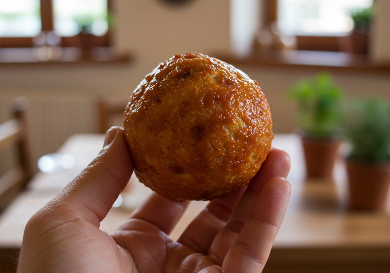 A hand holding a healthy ham ball, with a blurred background showing a kitchen or dining setting, emphasizing its readiness to eat.