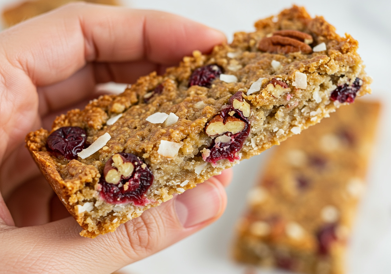 A hand holding a single healthy coconut cranberry pecan bar, showing its texture and ingredients clearly.