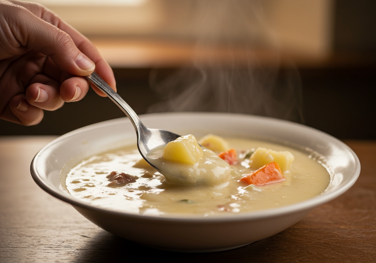 A hand holding a spoon dipping into a bowl of creamy Nova Scotia Hodge Podge.