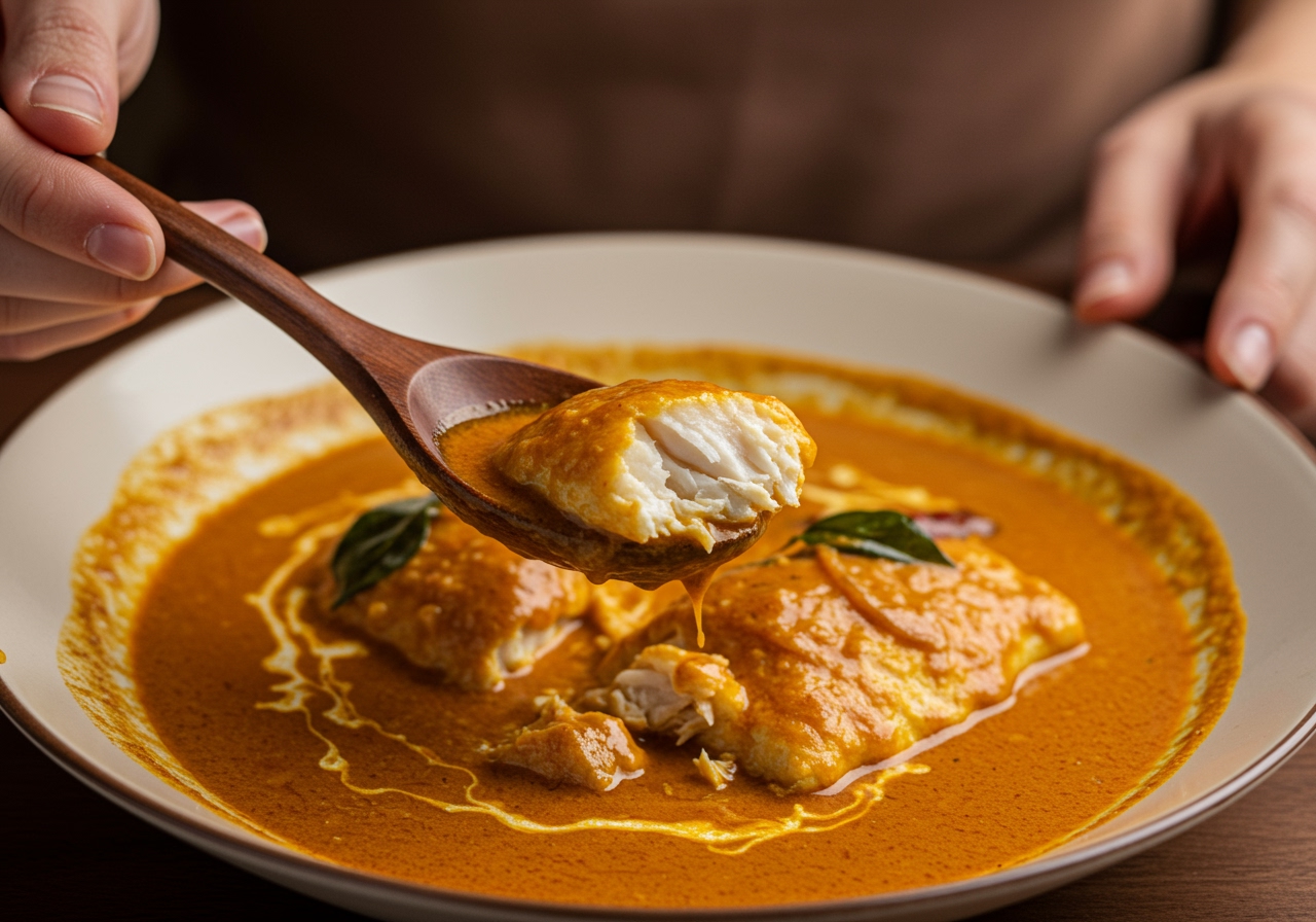 A hand holding a spoon scooping up a piece of fish and rich curry sauce from a bowl, emphasizing the texture and color of the dish.