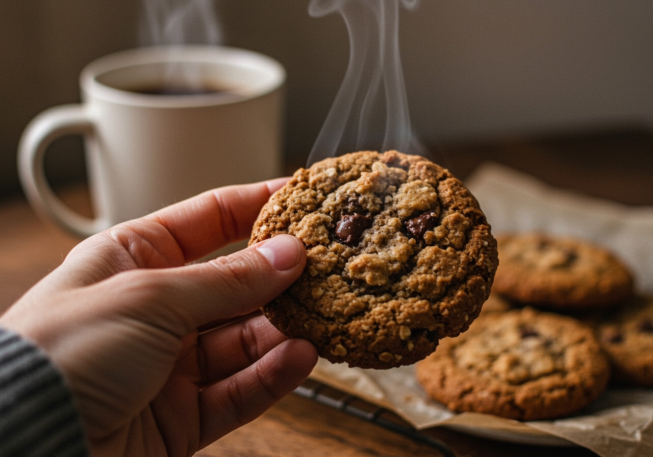 A hand holding a warm oatmeal chocolate chip cookie, steam gently rising from it, with a blurry cup of coffee in the background.