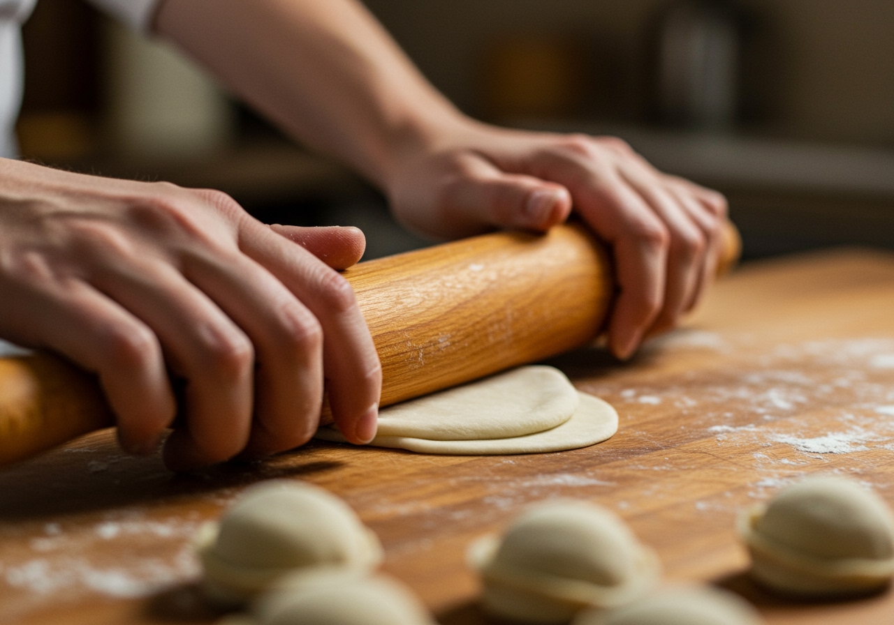 A hand holding a wooden rolling pin, rolling out a small piece of white dough into a thin, round dumpling wrapper.