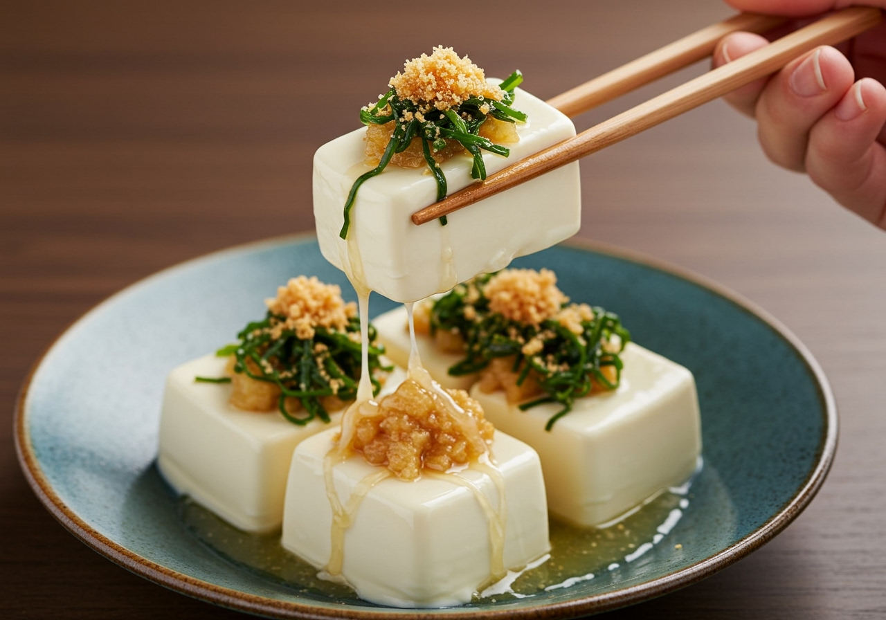 A hand holding chopsticks, picking up a piece of tofu topped with myoga and ohba from the plate. The focus is on the texture and appearance of the dish and toppings.