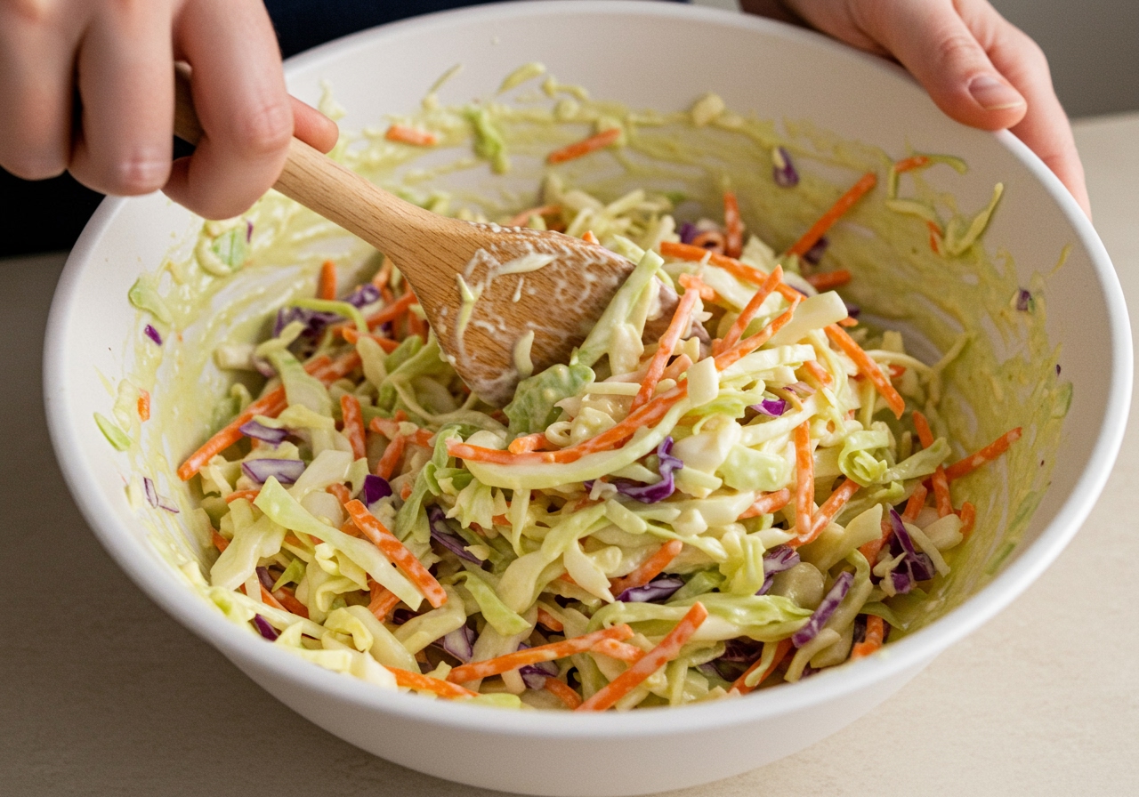 A hand mixing a large bowl of healthy coleslaw with a wooden spoon, showing the crisp texture of the vegetables coated in a light dressing.