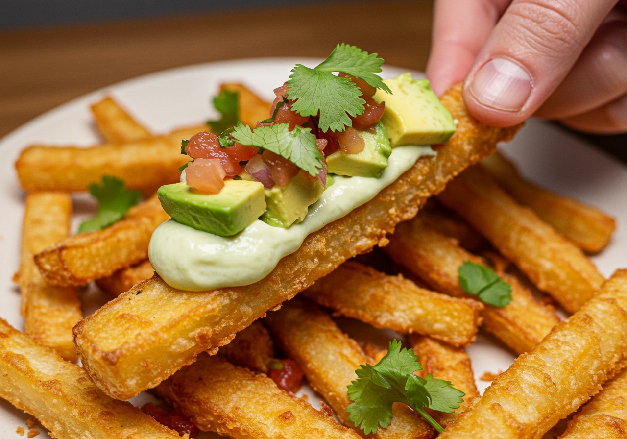 A hand picking up a baked jicama fry generously topped with avocado, salsa, and fresh cilantro