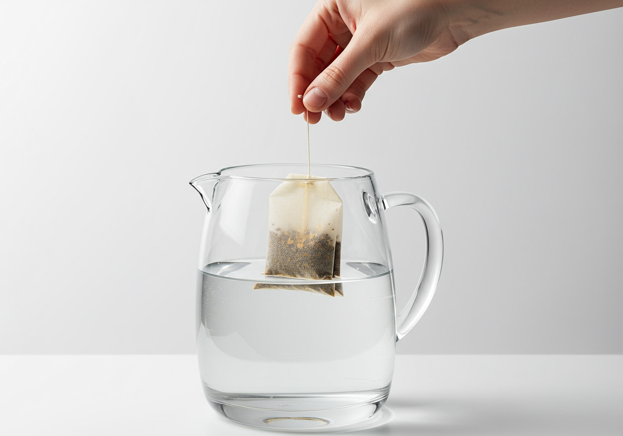 A hand placing a barley tea bag into a large glass pitcher of water for cold brewing.