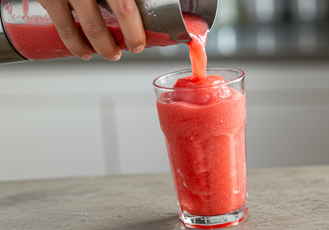 A hand pouring a finished frozen drink from a blender jug into a tall glass filled with the beverage. The texture is slushy and smooth.