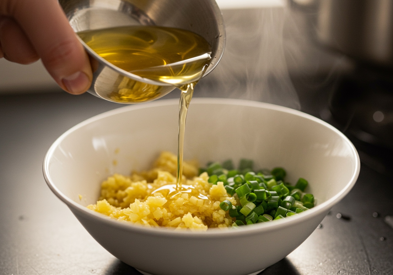 A hand pouring hot oil over finely minced ginger and spring onions in a bowl for the ginger sauce component of Singaporean Chicken Rice.