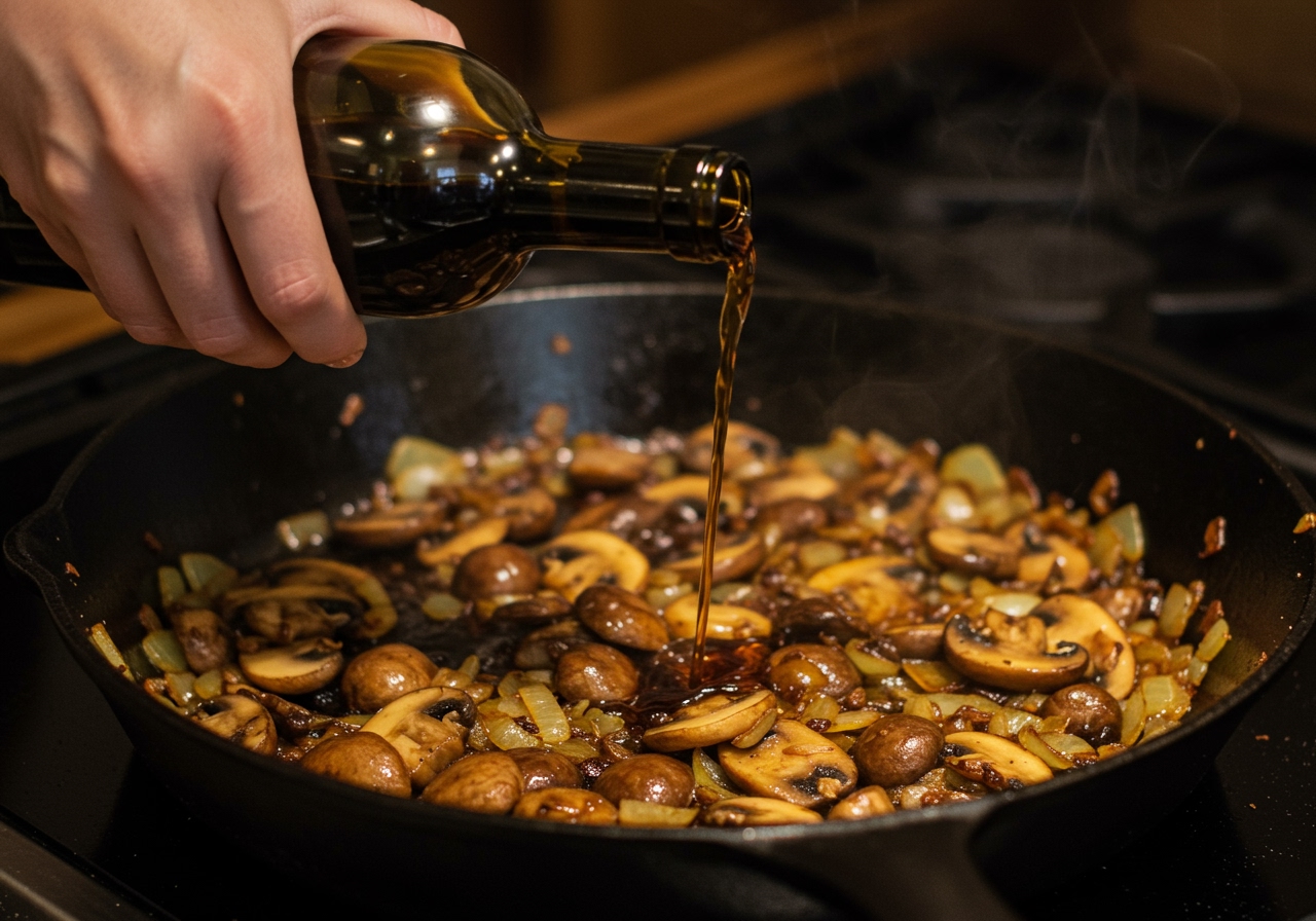A hand pouring Marsala wine into a hot pan with sauteed mushrooms and onions.