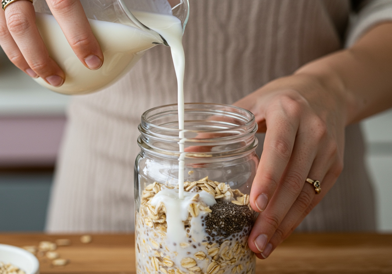 A hand pouring milk into a glass jar containing oats and chia seeds, preparing overnight oats.