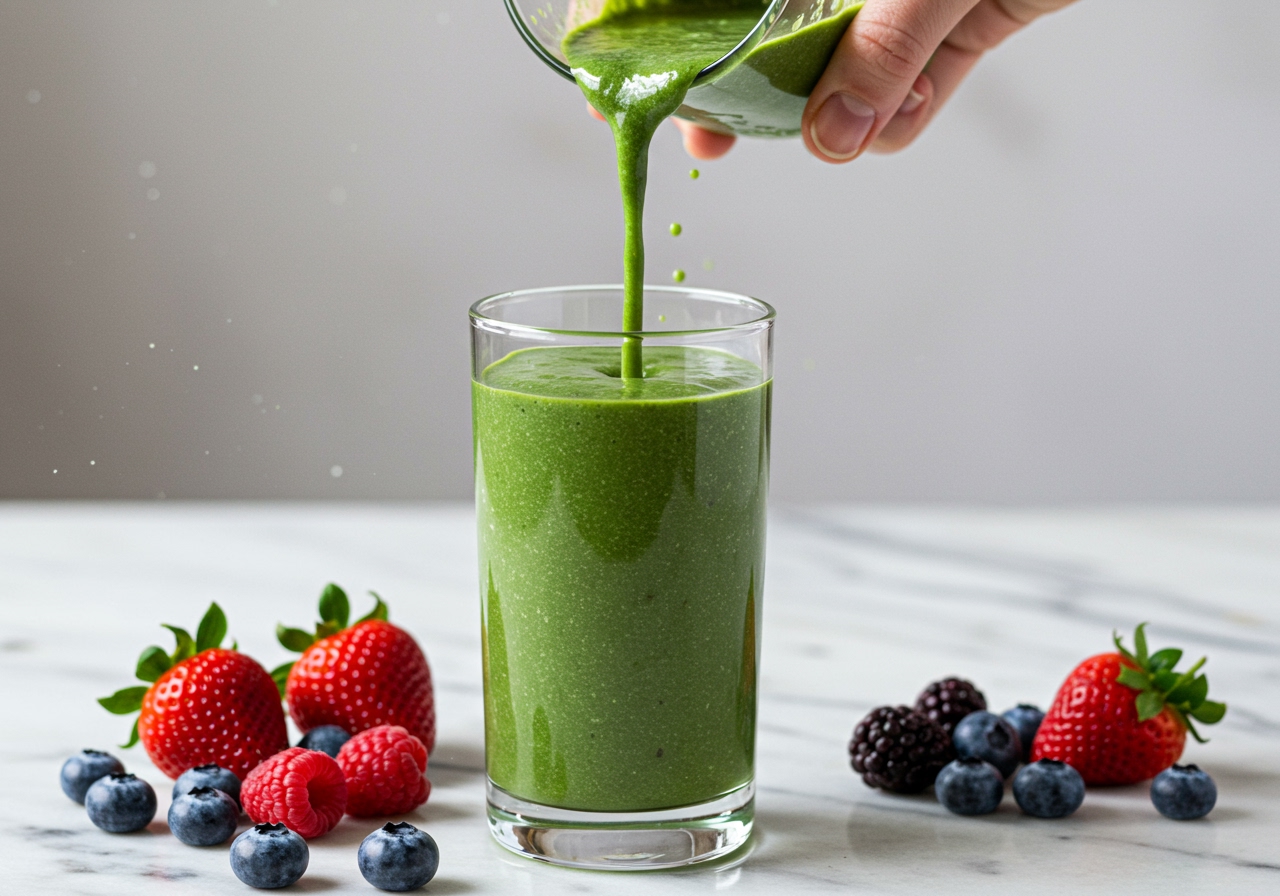 A hand pouring prepared berry green smoothie into a tall glass, with some fresh berries scattered around the base of the glass.
