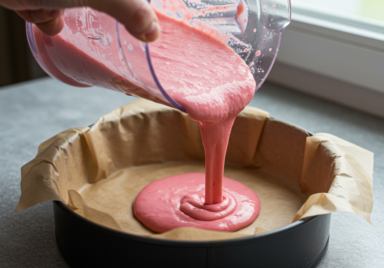 A hand pouring the pink strawberry cake batter from a blender jug into a round cake pan lined with parchment paper.