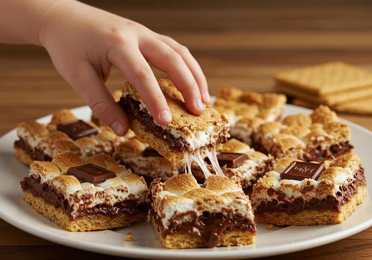 A hand reaching for a S'mores bar from a plate full of cut bars.