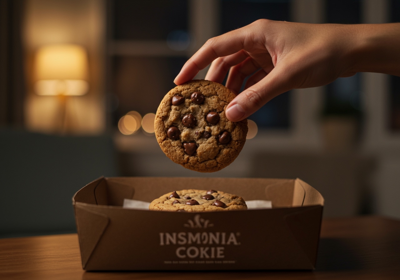 A hand reaching for a warm Insomnia Cookie from a delivery box, with a blurred background suggesting a comfortable indoor environment at night.
