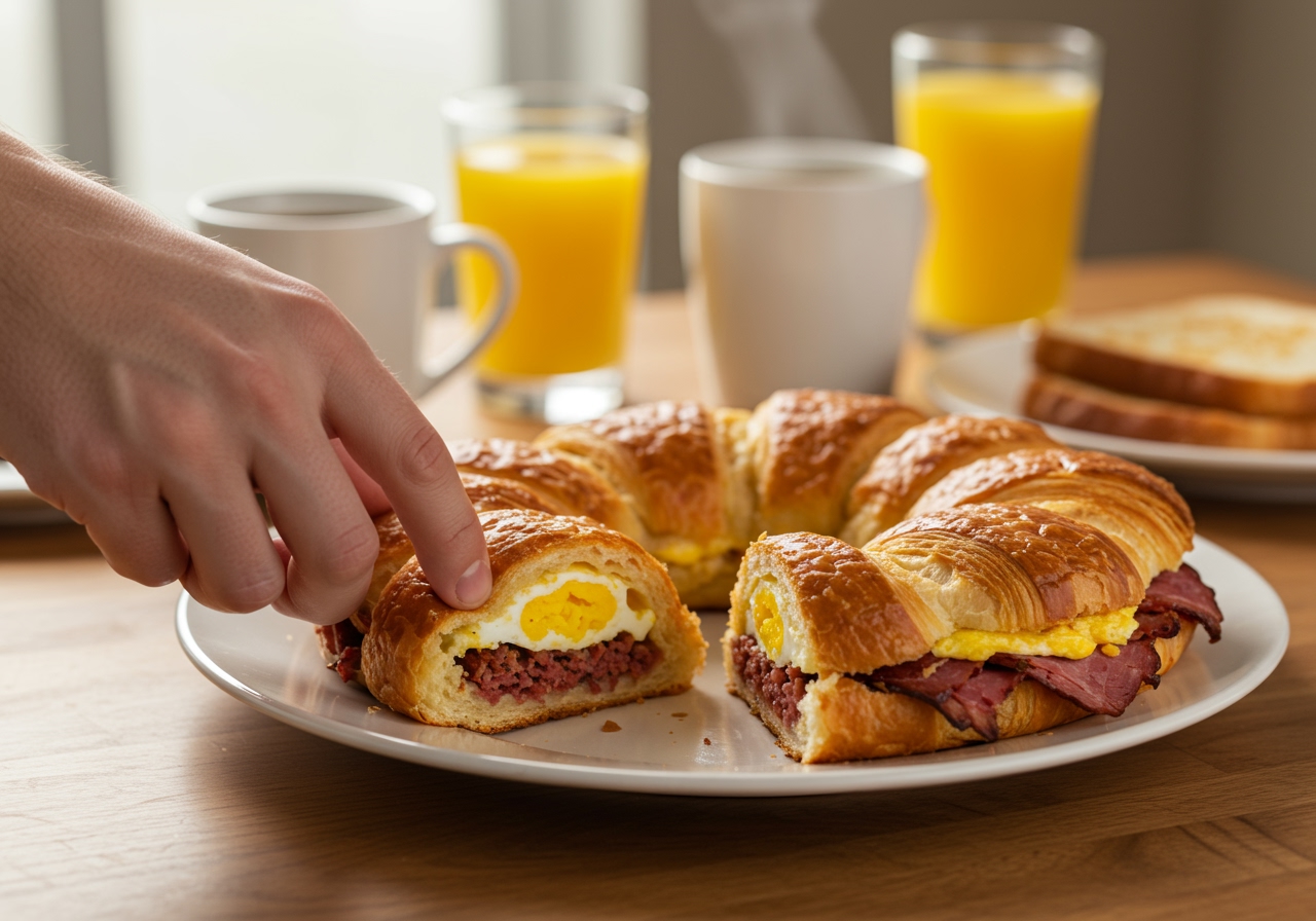 A hand reaching in to take the first slice of the warm corned beef hash and egg croissant ring.