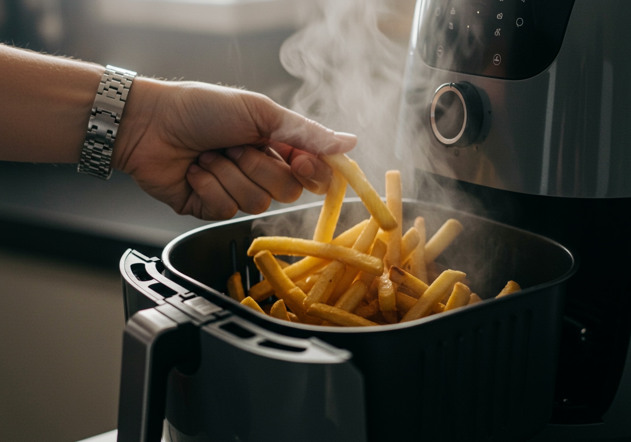 A hand shaking an air fryer basket containing french fries during cooking.