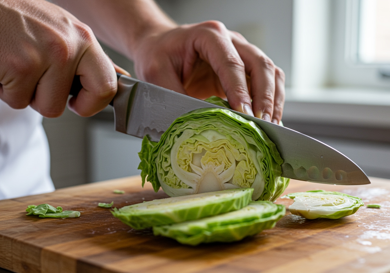 A hand slicing a head of cabbage into thick steak-like portions